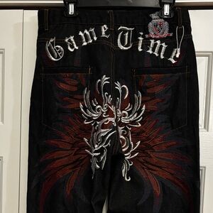 Embroidered Black Jeans with Red and Silver Design